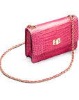 Mini chain bag, cerise pink croc, side view