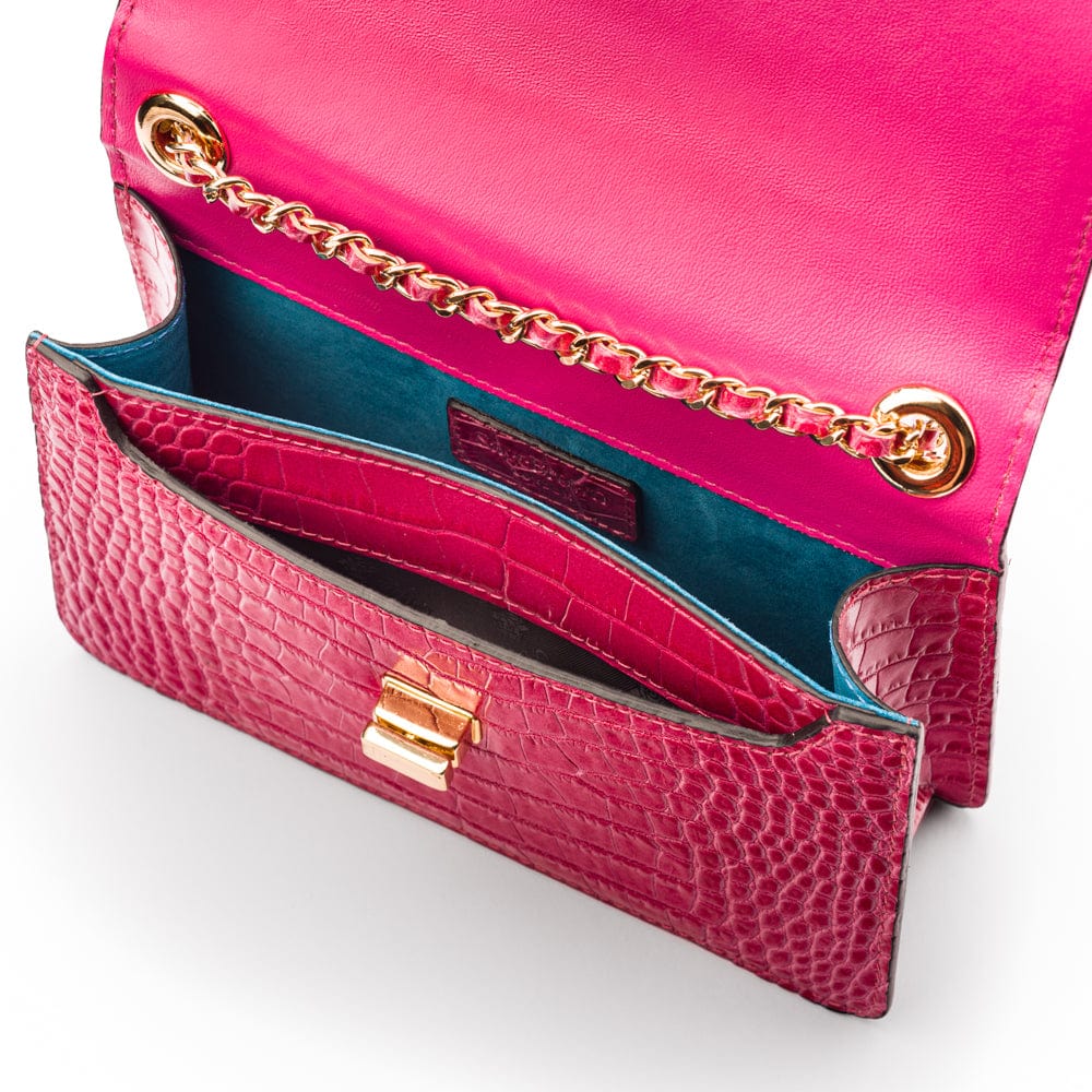 Mini chain bag, cerise pink croc, inside view