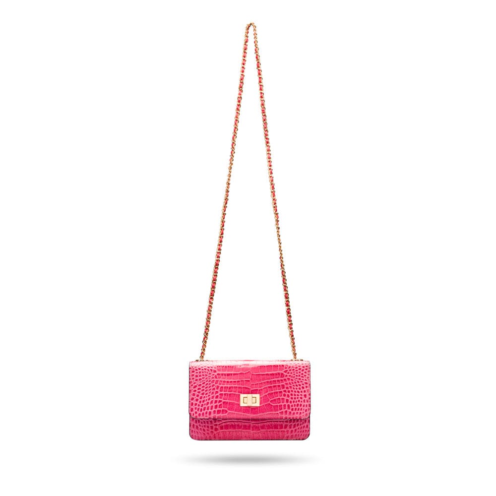 Mini chain bag, cerise pink croc, chain strap
