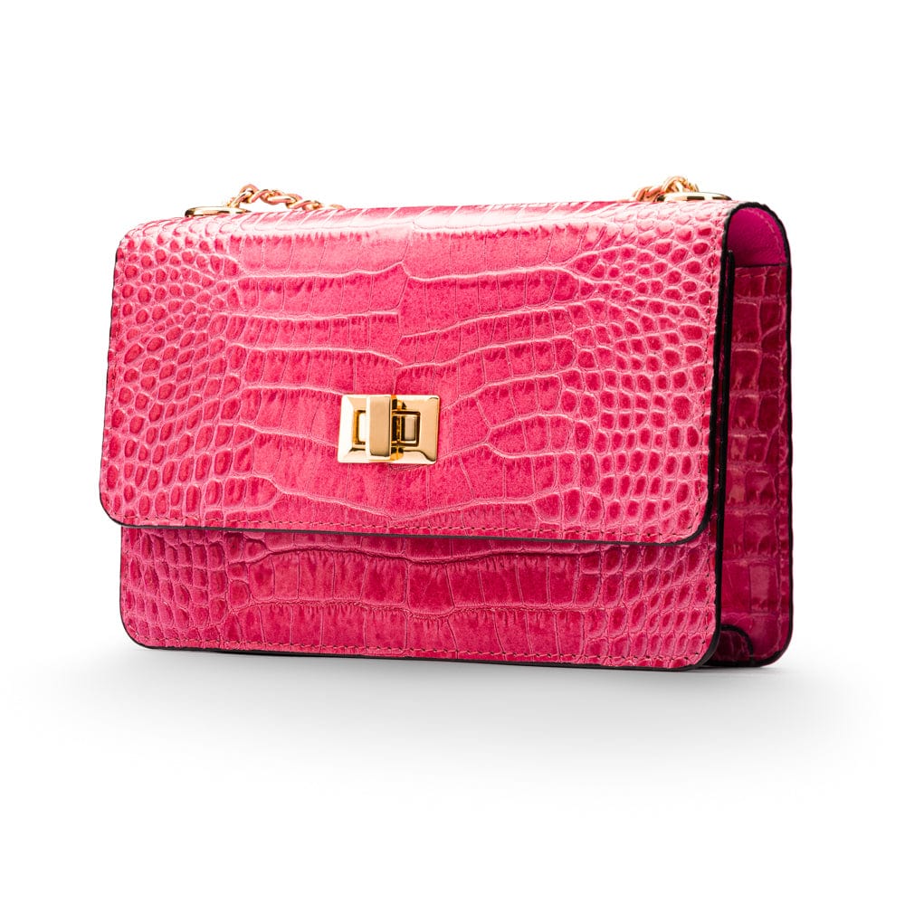 Mini chain bag, cerise pink croc, side view