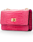 Mini chain bag, cerise pink croc, side view