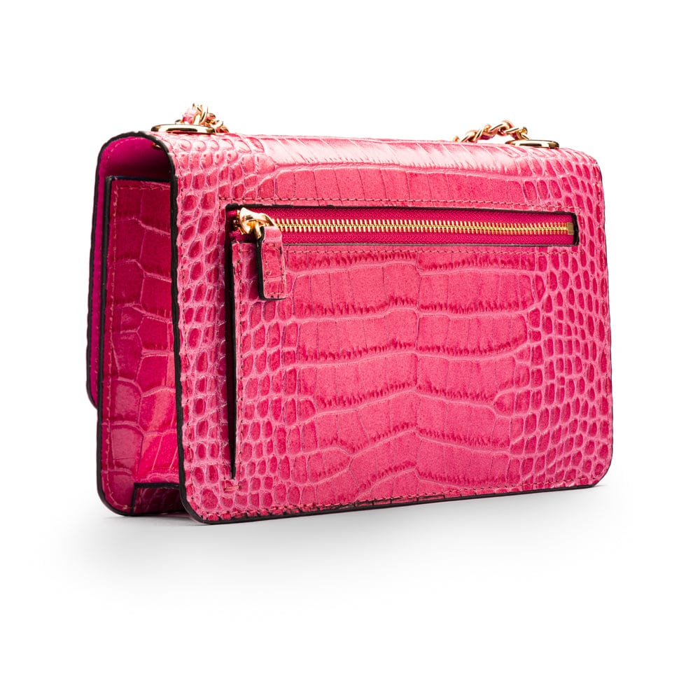 Mini chain bag, cerise pink croc, back view