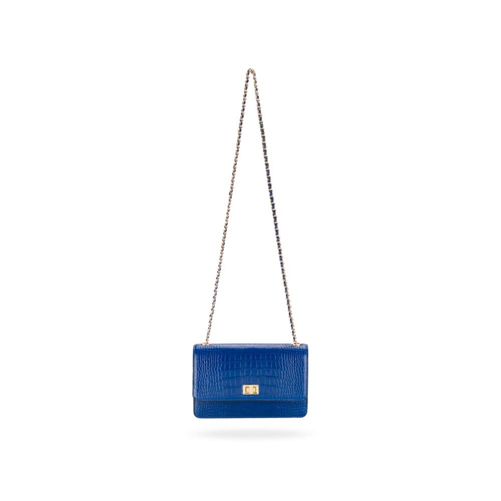 Small leather chain bag, cobalt croc, shoulder strap