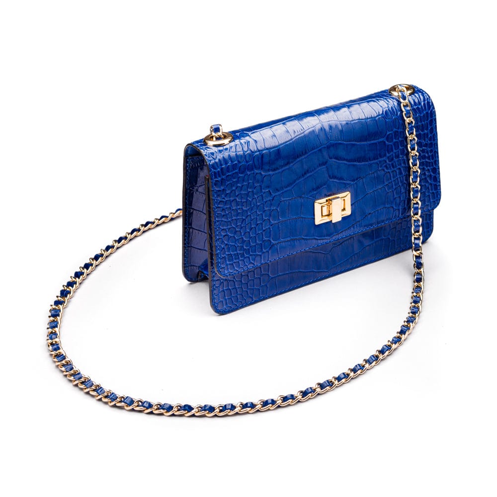 Mini chain bag, cobalt croc, with chain strap