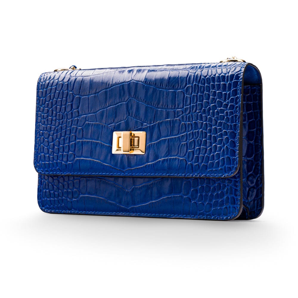 Mini chain bag, cobalt croc, side view