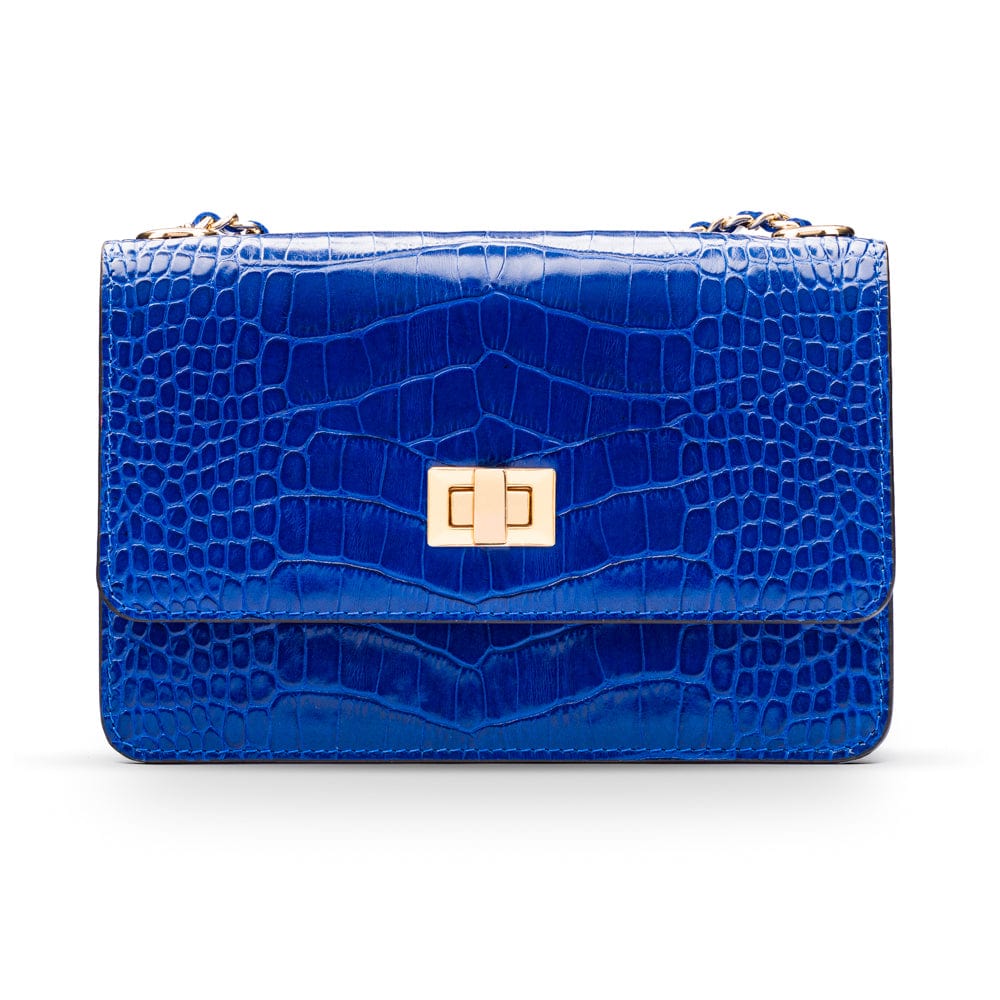 Mini leather chain bag, cobalt croc, front view