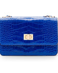 Mini leather chain bag, cobalt croc, front view