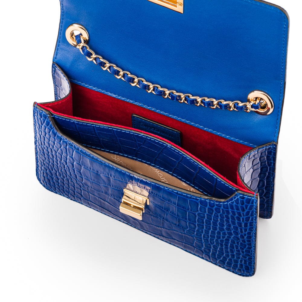 Mini chain bag, cobalt croc, inside view