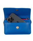 Small leather chain bag, cobalt,, open