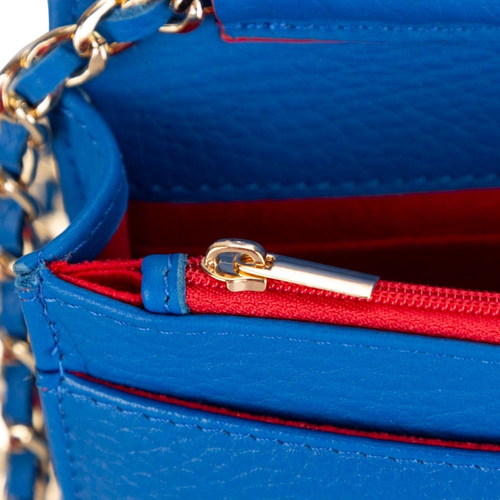 Small leather chain bag, cobalt, close up