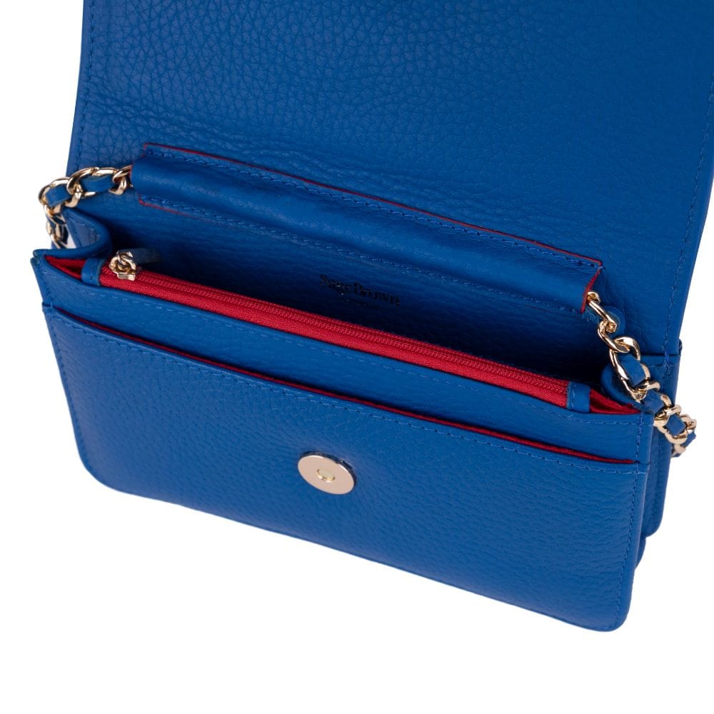Small leather chain bag, cobalt, open
