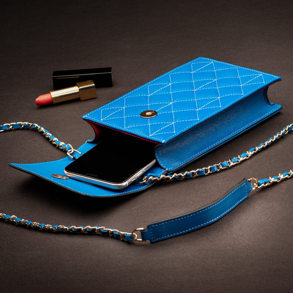 Leather phone bag, cobalt, lifestyle