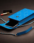 Leather phone bag, cobalt, lifestyle