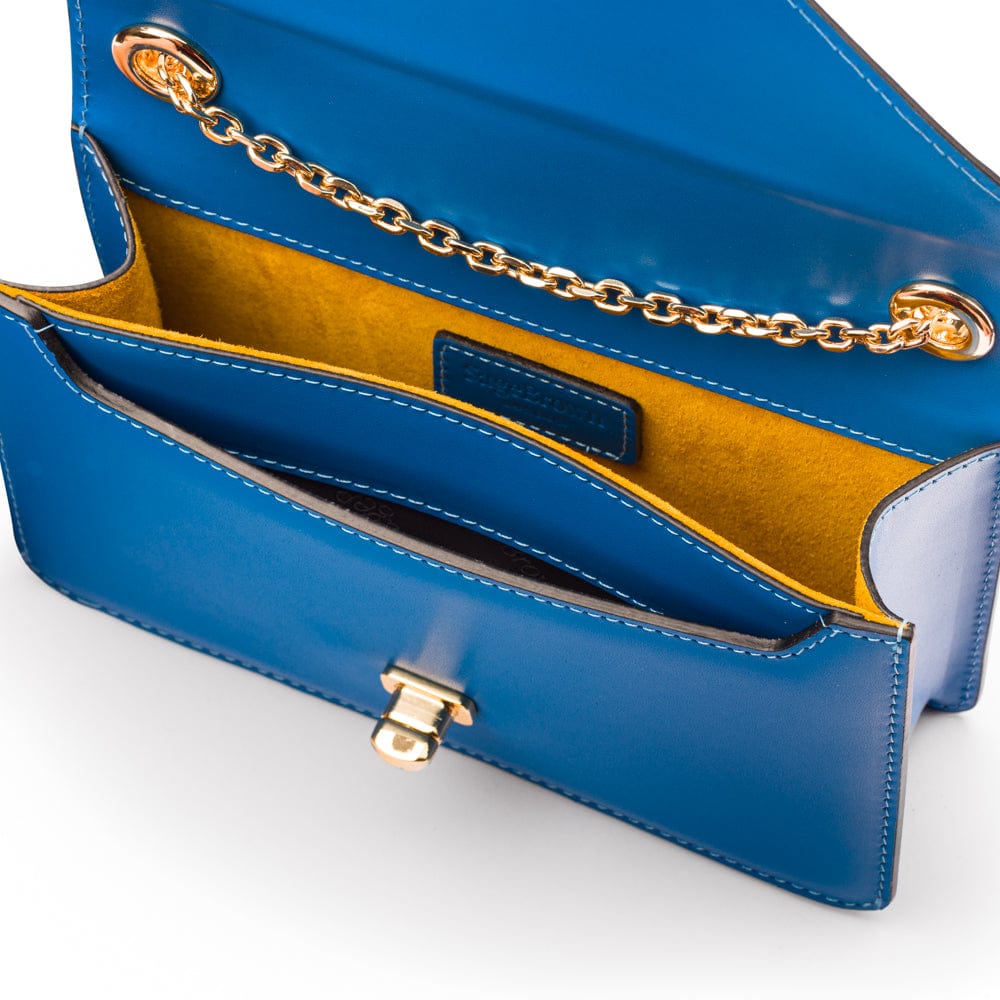 Small leather envelope chain bag, cobalt, inside view