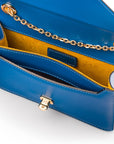 Small leather envelope chain bag, cobalt, inside view