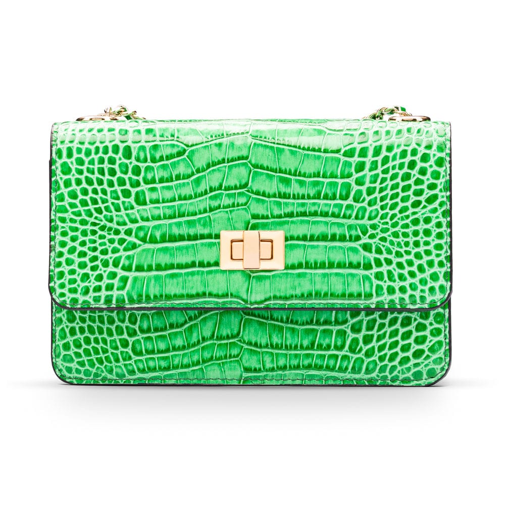 Mini chain bag, emerald croc, front view