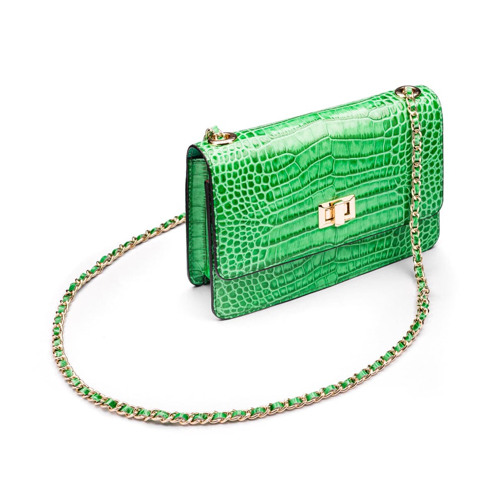 Mini chain bag, emerald croc, with chain strap