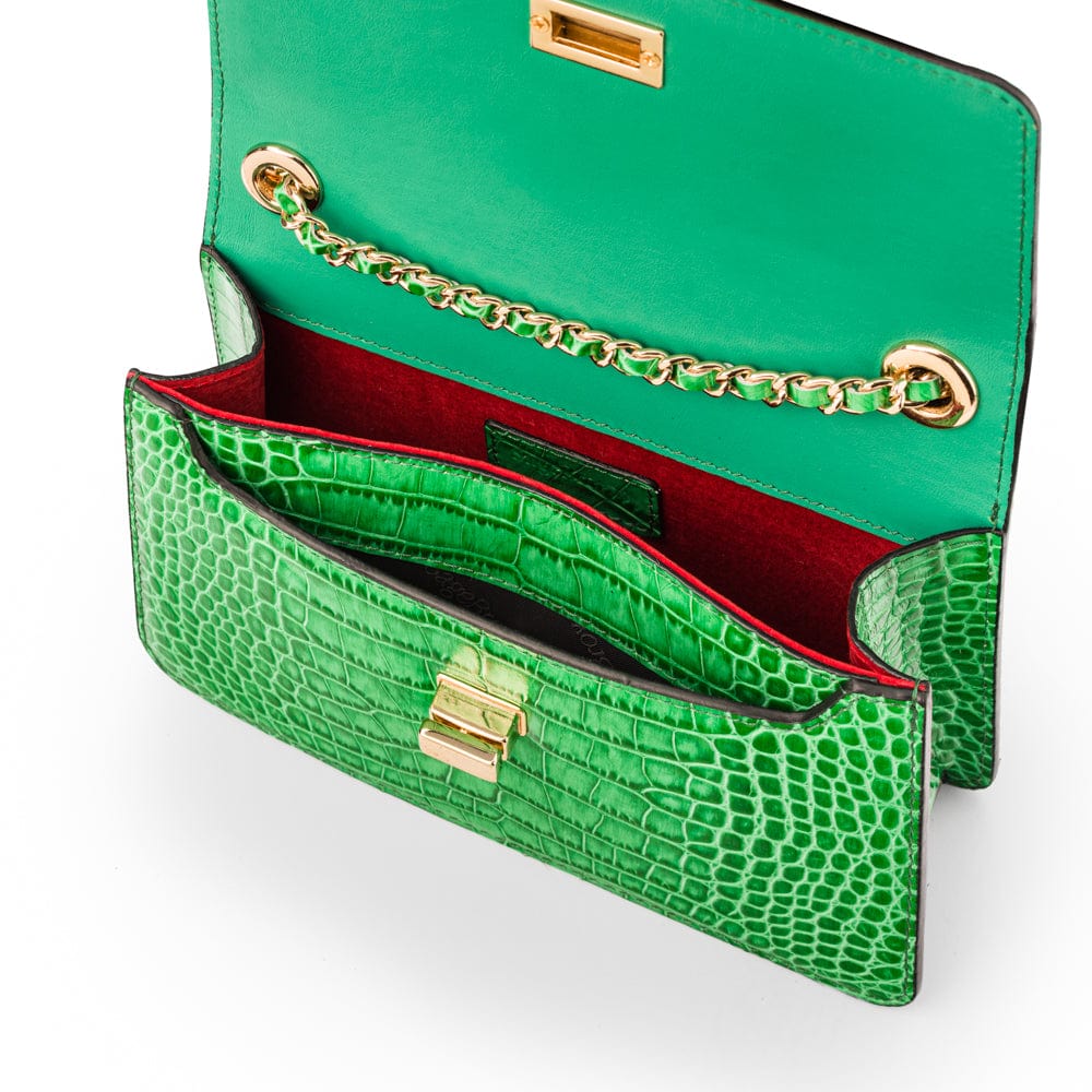 Mini Leather Chain Strap Bag, Emerald Croc Shoulder Bags SageBrown