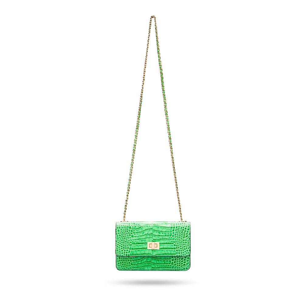 Mini chain bag, emerald croc, long chain shoulder strapew