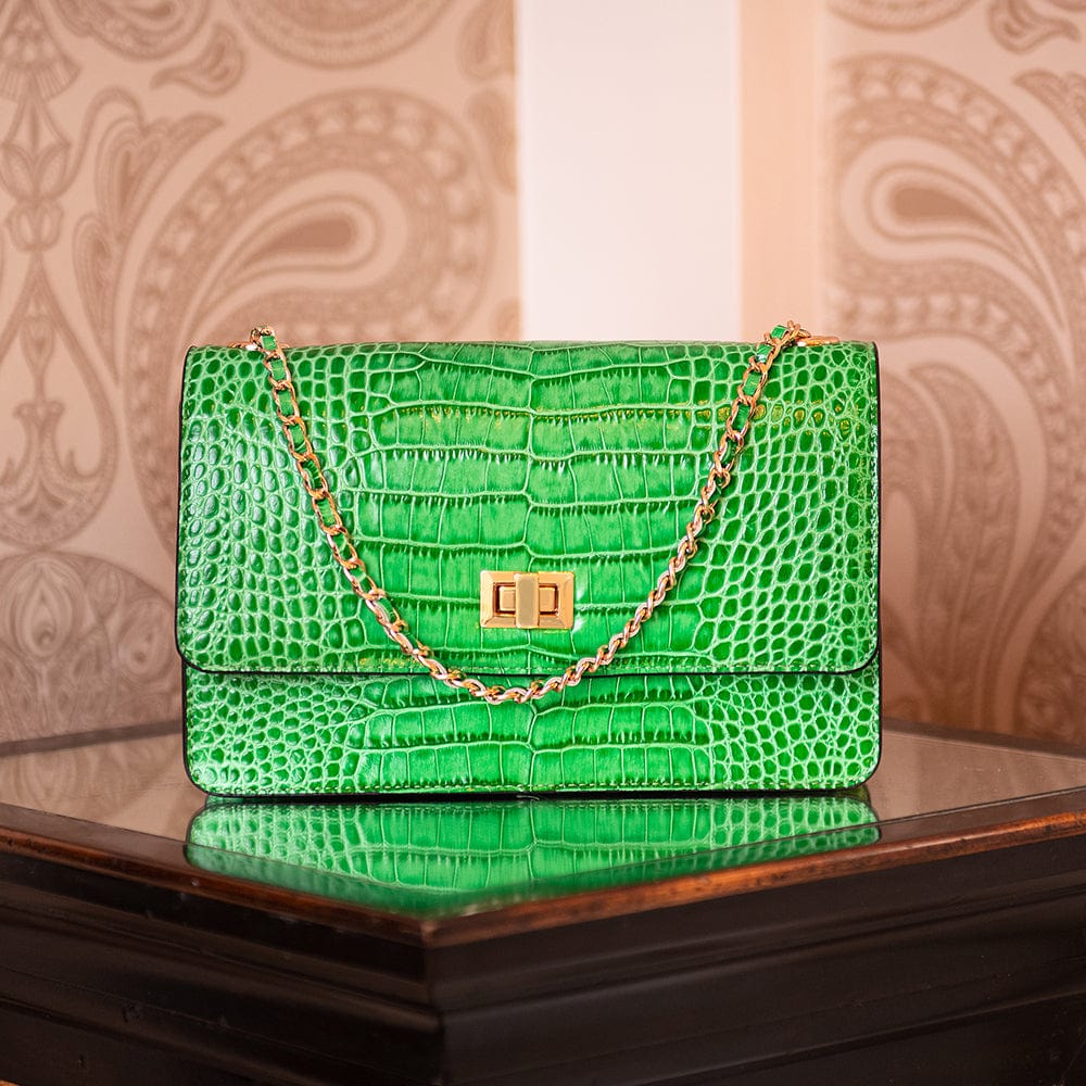 Mini leather chain bag, emerald croc