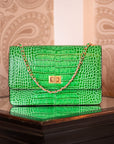 Mini leather chain bag, emerald croc