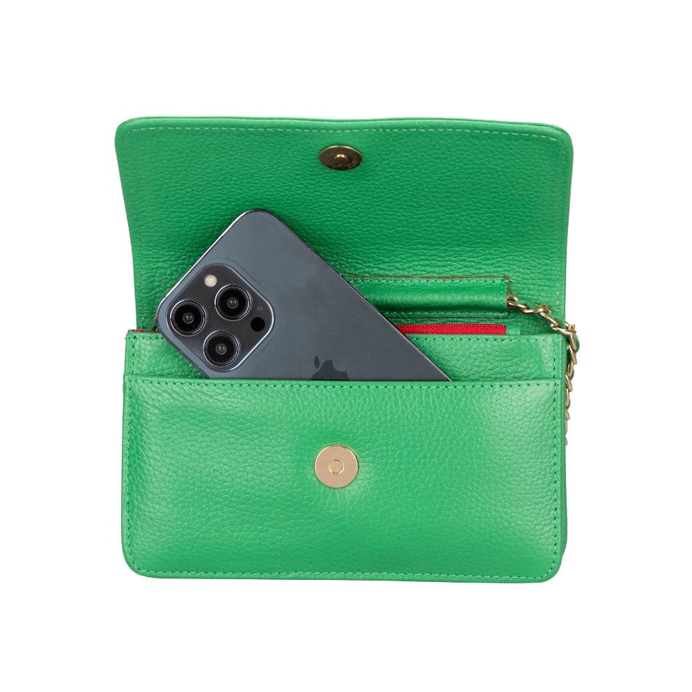 Small leather chain bag, emerald green, open