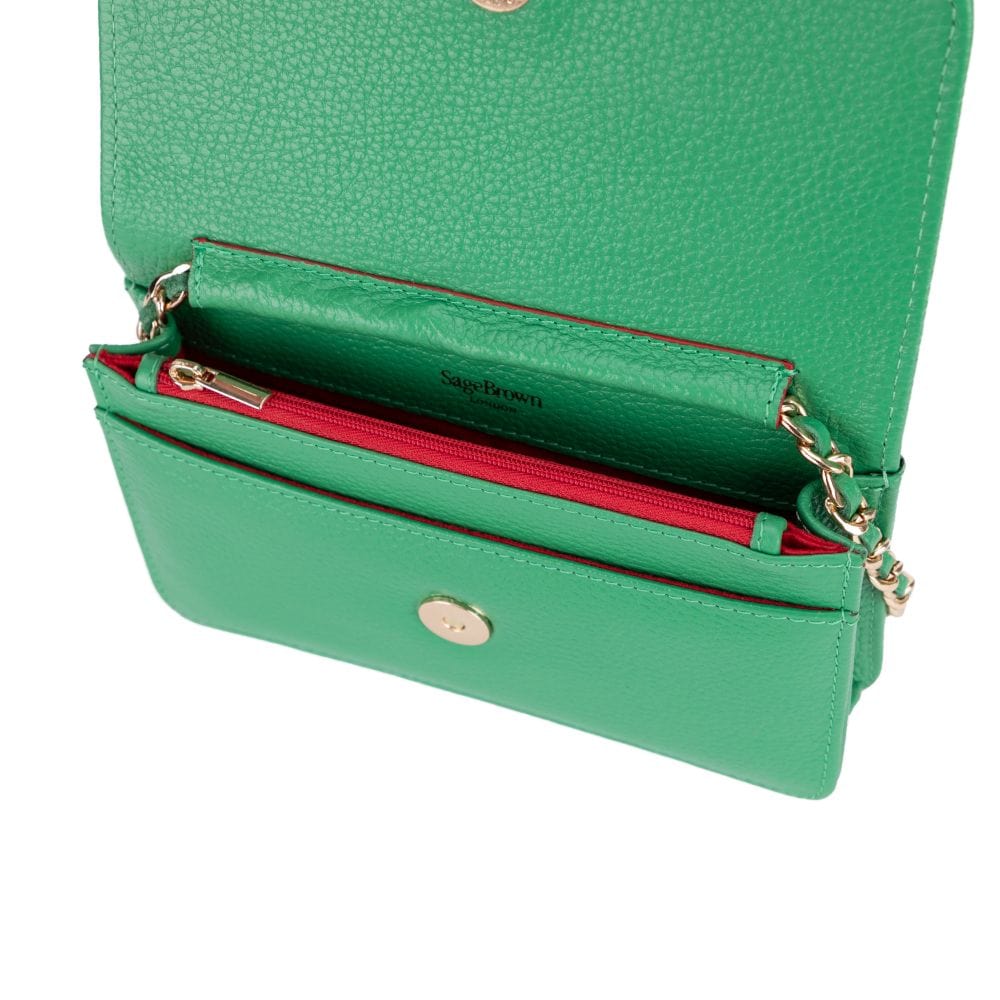 Small leather chain bag, emerald, open