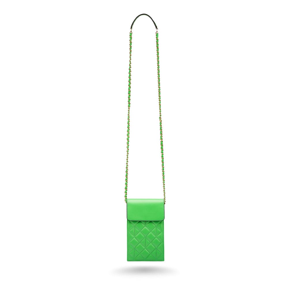 Leather phone bag, emerald, with long strap