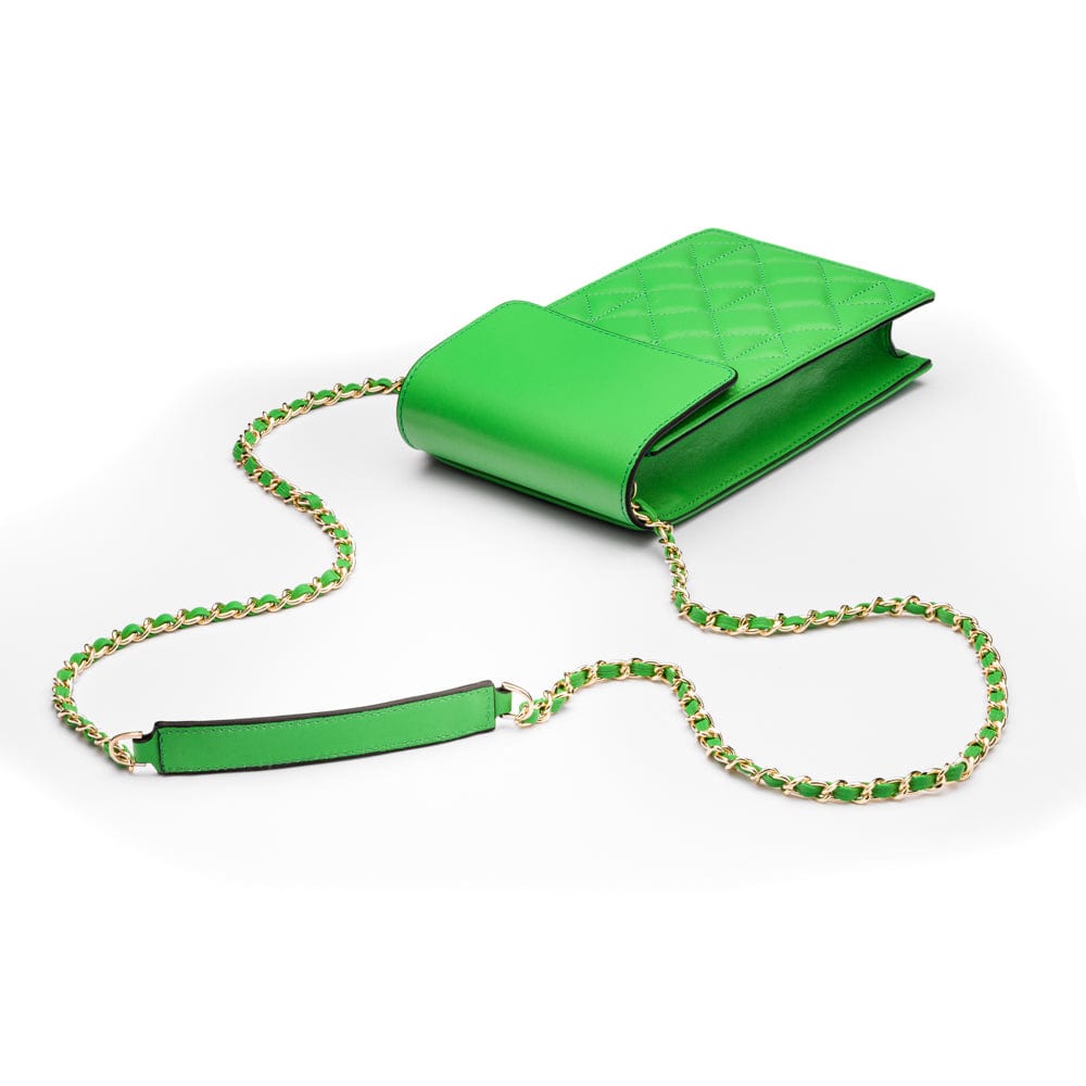 Leather phone bag, emerald, with chain strap