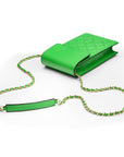 Leather phone bag, emerald, with chain strap