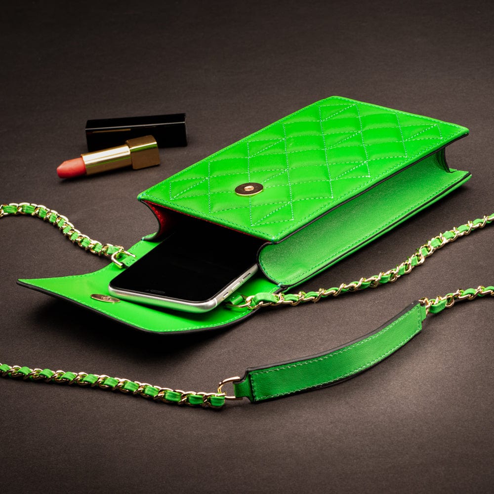 Leather phone bag, emerald, lifestyle