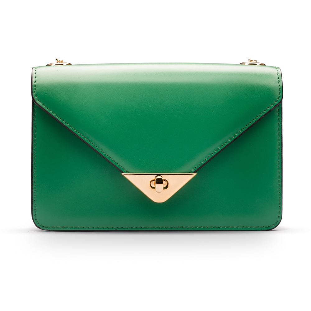 Small leather envelope chain bag, emerald, front view