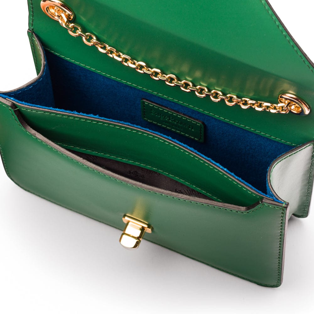 Small leather envelope chain bag, emerald, inside view