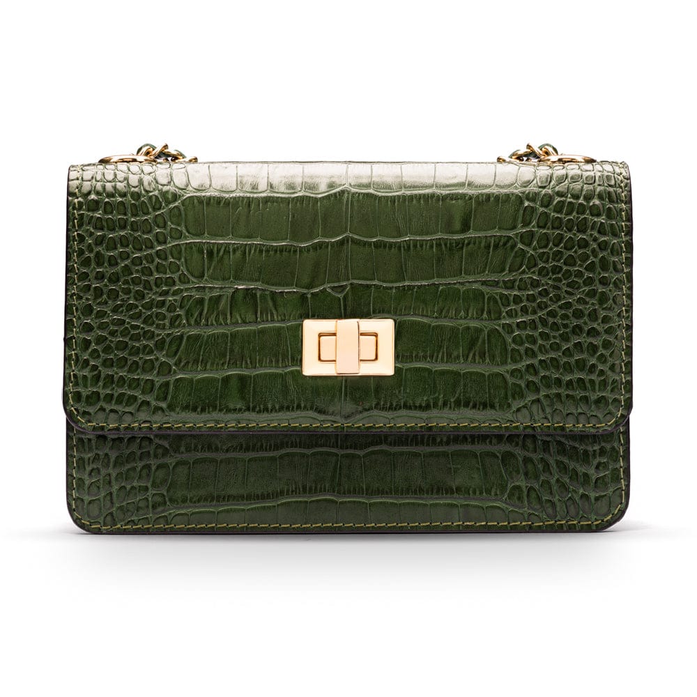 Mini chain bag, green croc, front view