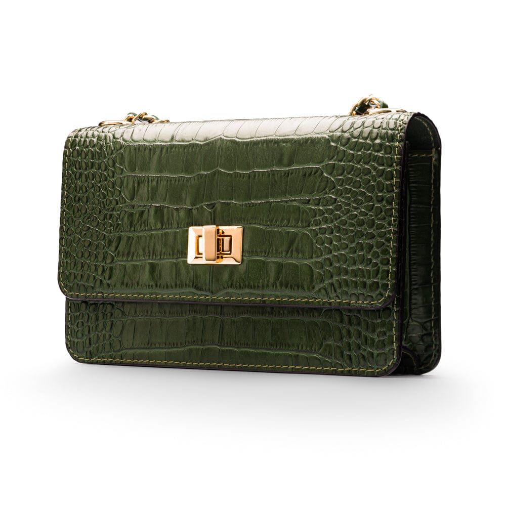 Mini chain bag, green croc, side view