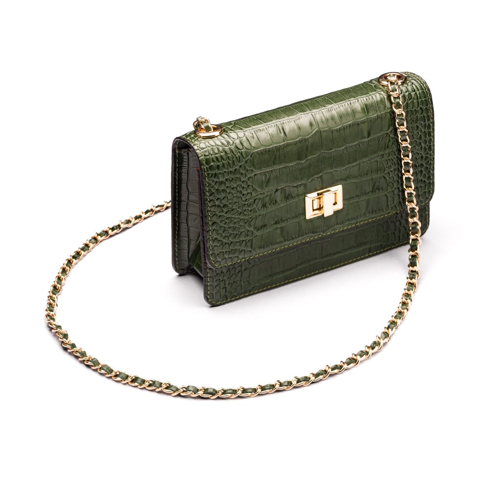 Mini chain bag, green croc, side view