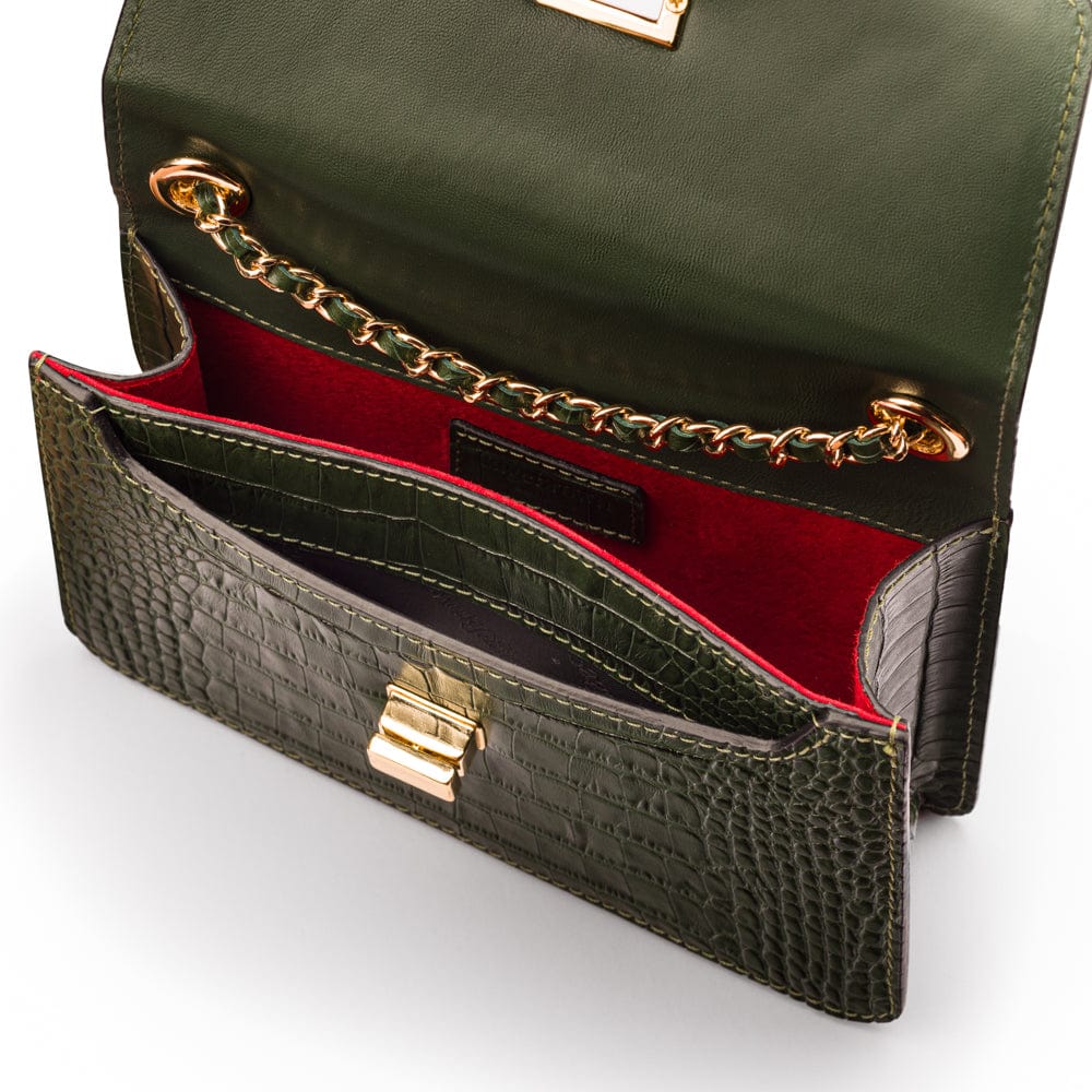 Mini chain bag, green croc, inside view