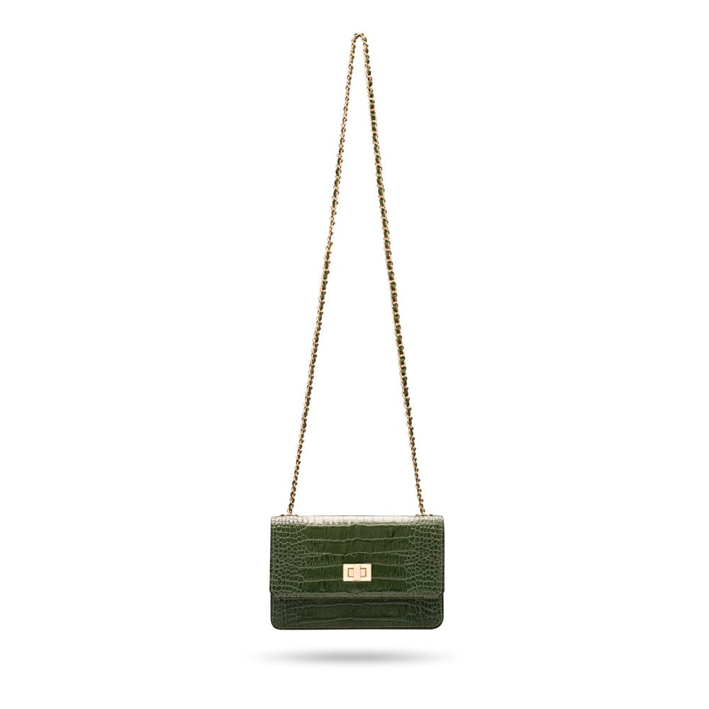 Mini chain bag, green croc, chain strap