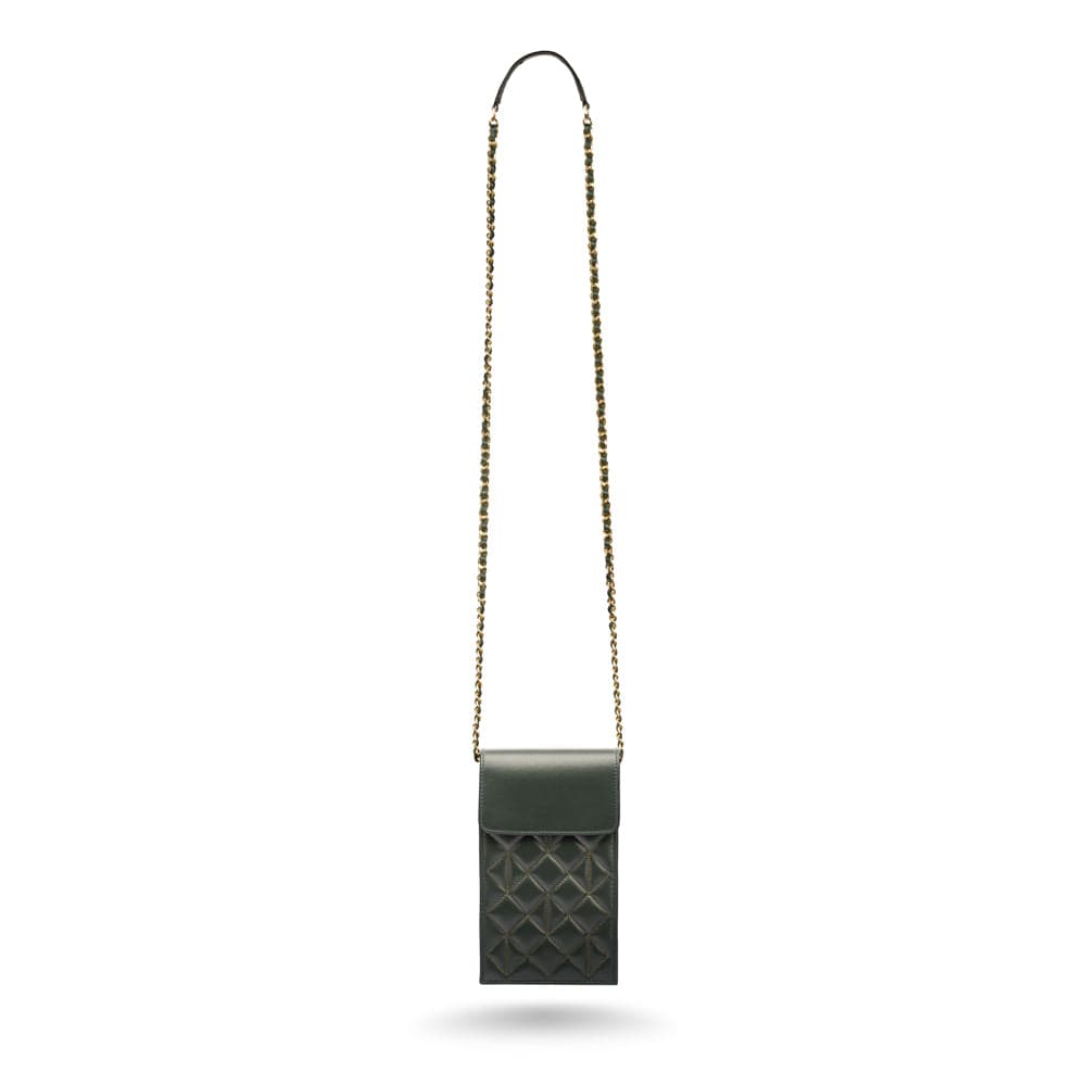 Leather phone bag, green, with long chain strap