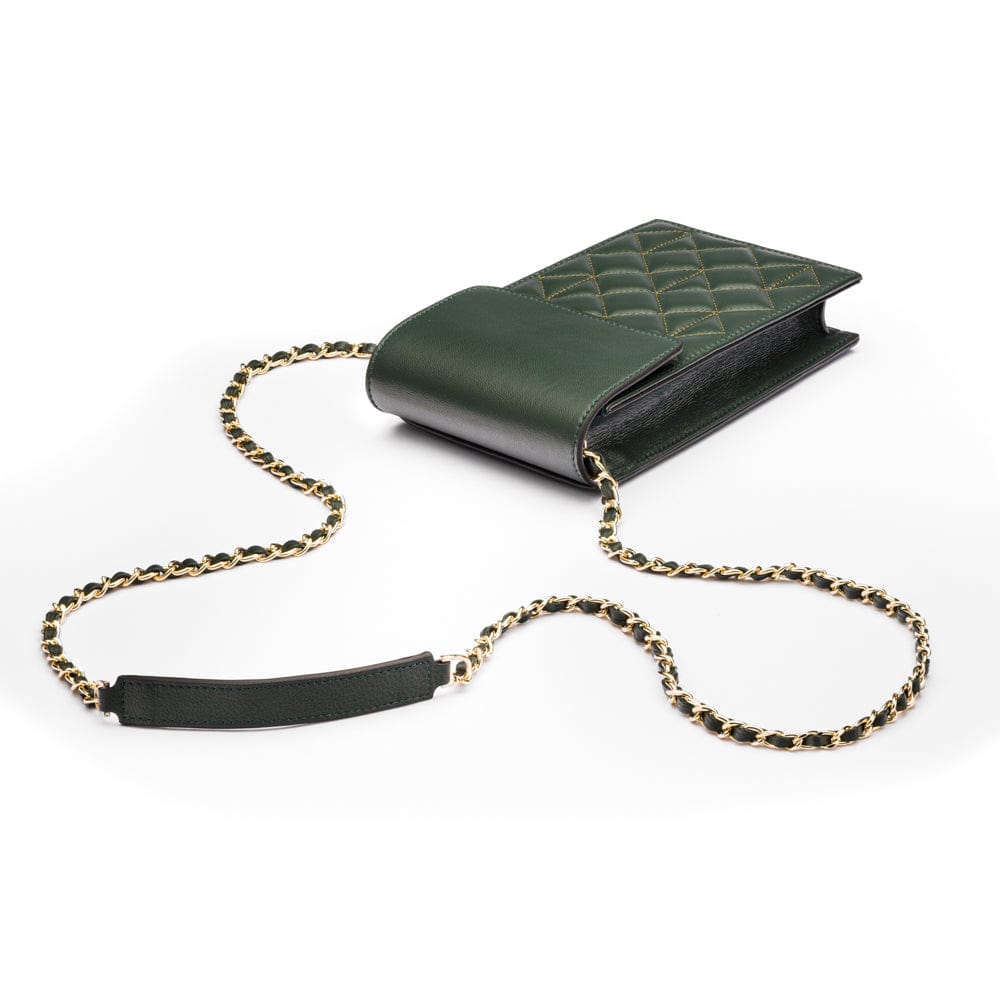 Leather phone bag, green, with chain strap