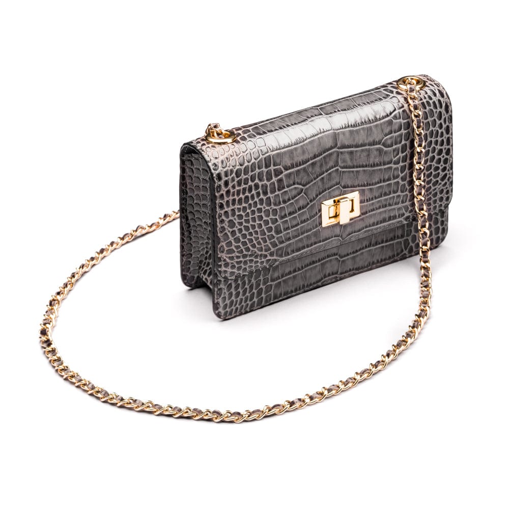 Mini chain bag, grey croc, side view