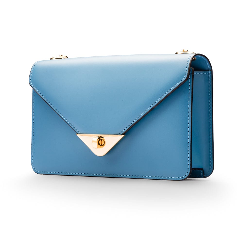 Small leather envelope chain bag, light blue, front view