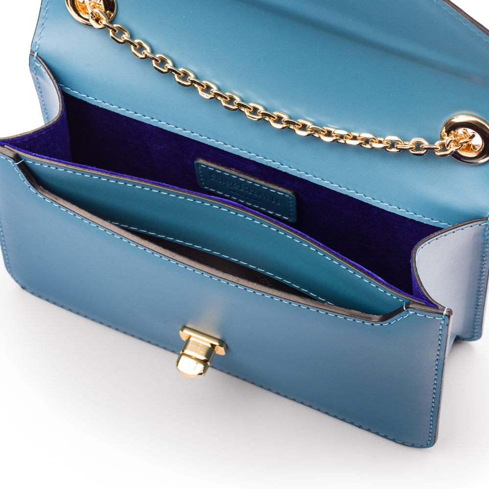 Small leather envelope chain bag, light blue, inside view