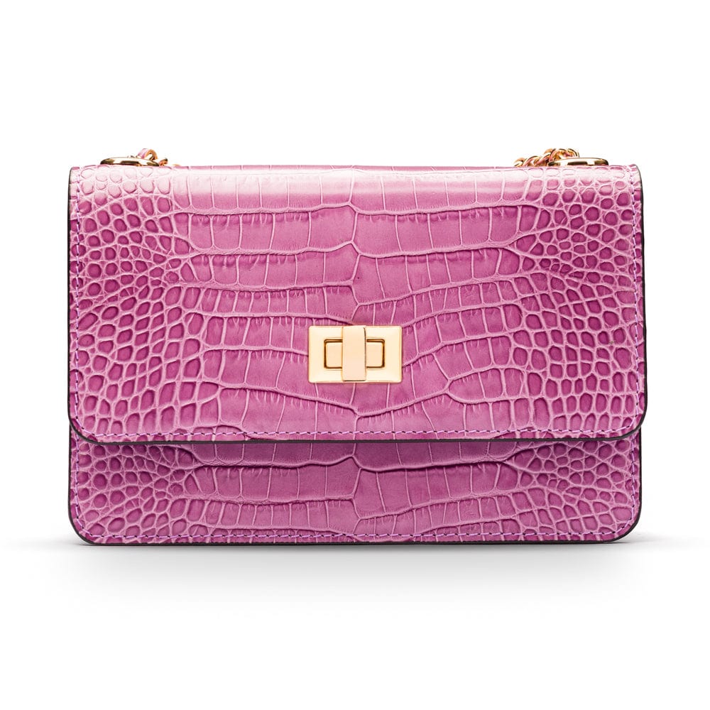 Mini chain bag, lilac croc, front view