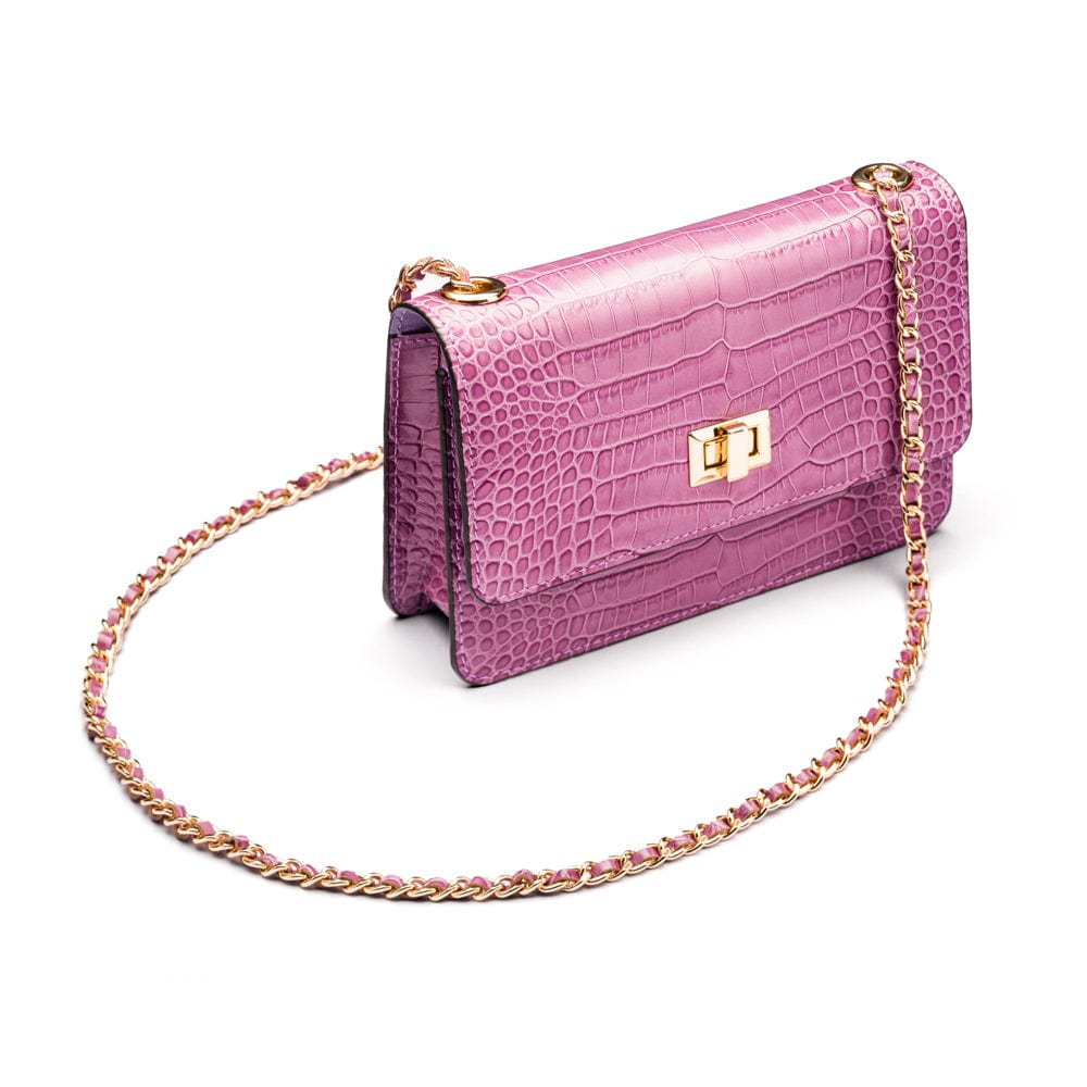 Mini chain bag, lilac croc, side view