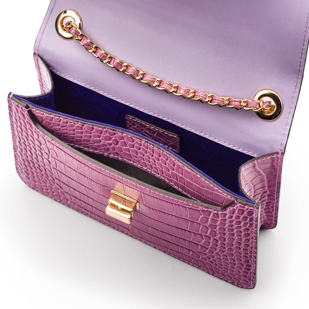 Mini chain bag, lilac croc, inside view