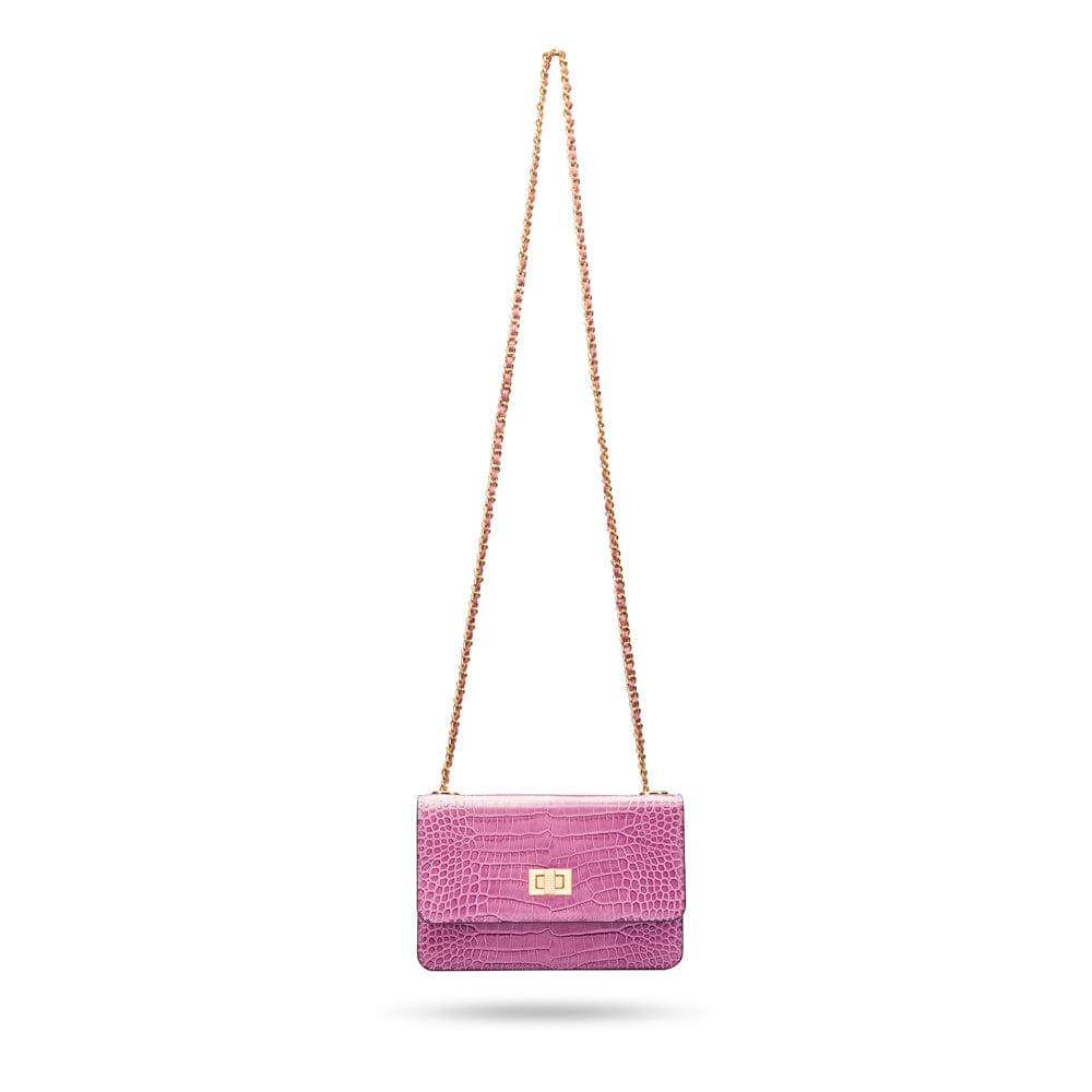 Mini chain bag, lilac croc, with long chain strap