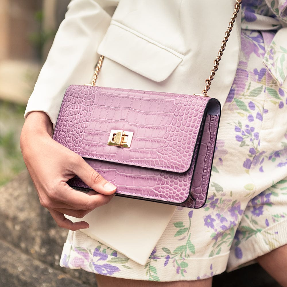 Leather mini chain bag, lilac croc, lifestyle