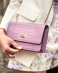 Leather mini chain bag, lilac croc, lifestyle