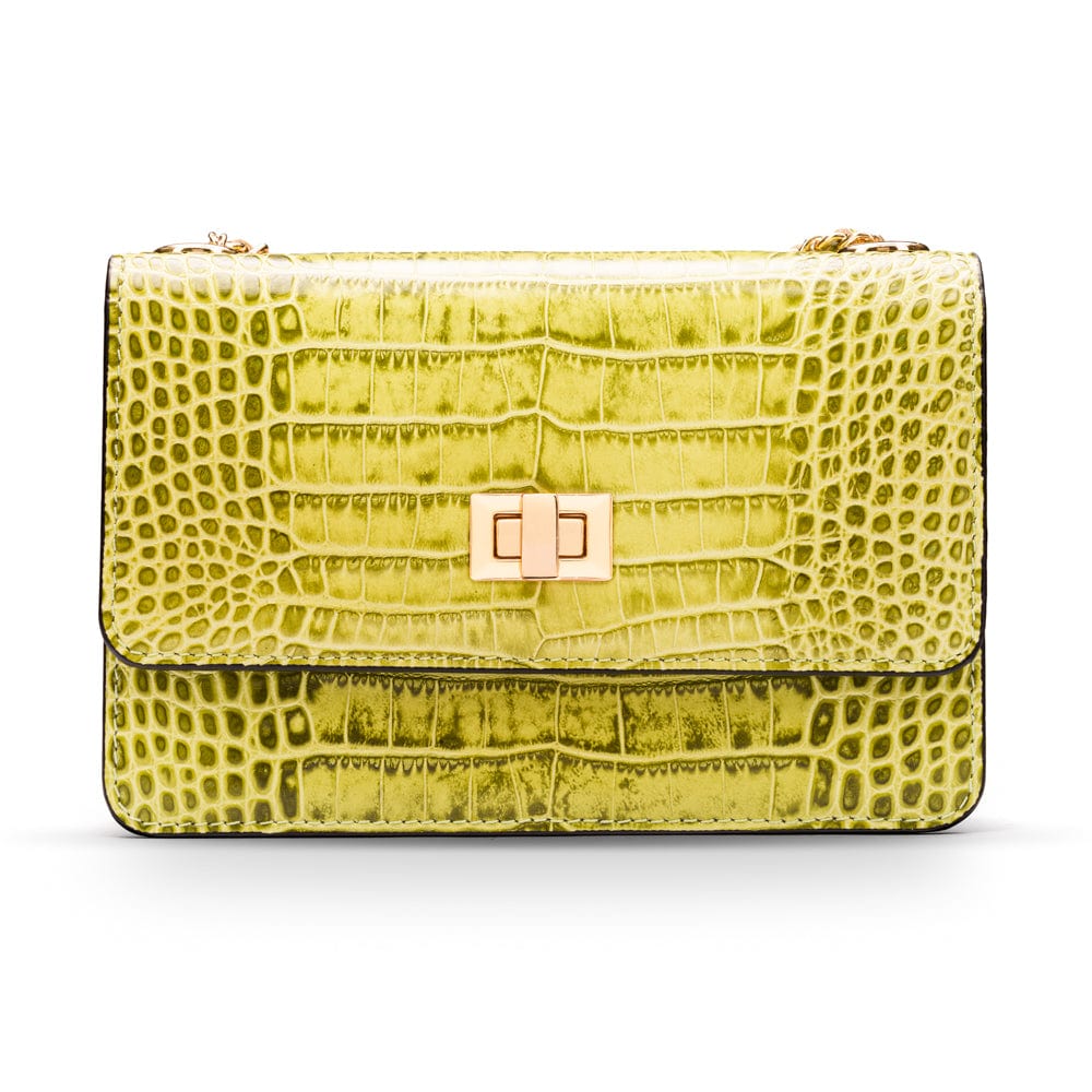 Mini chain bag, lime croc, front view